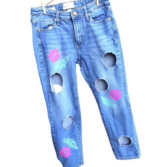 Upcycled Distressed Universal Thread Jeans w/Cutouts, Embellished Pants 6 Junior - Picture 8 of 13